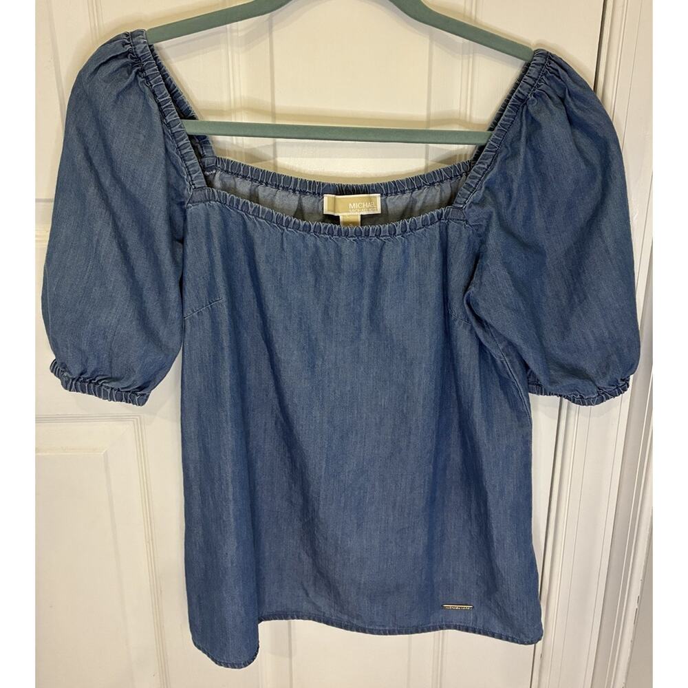 Michael Kors Blue Chambray Blouse Square Neck Puff Sleeve Small